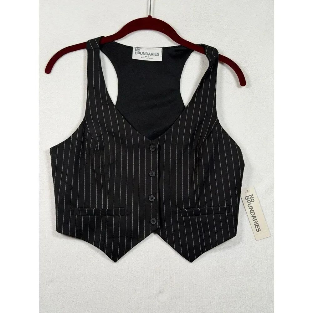 No Boundaries Pinstripe Vest Women’s Small Black White Button Front NWT